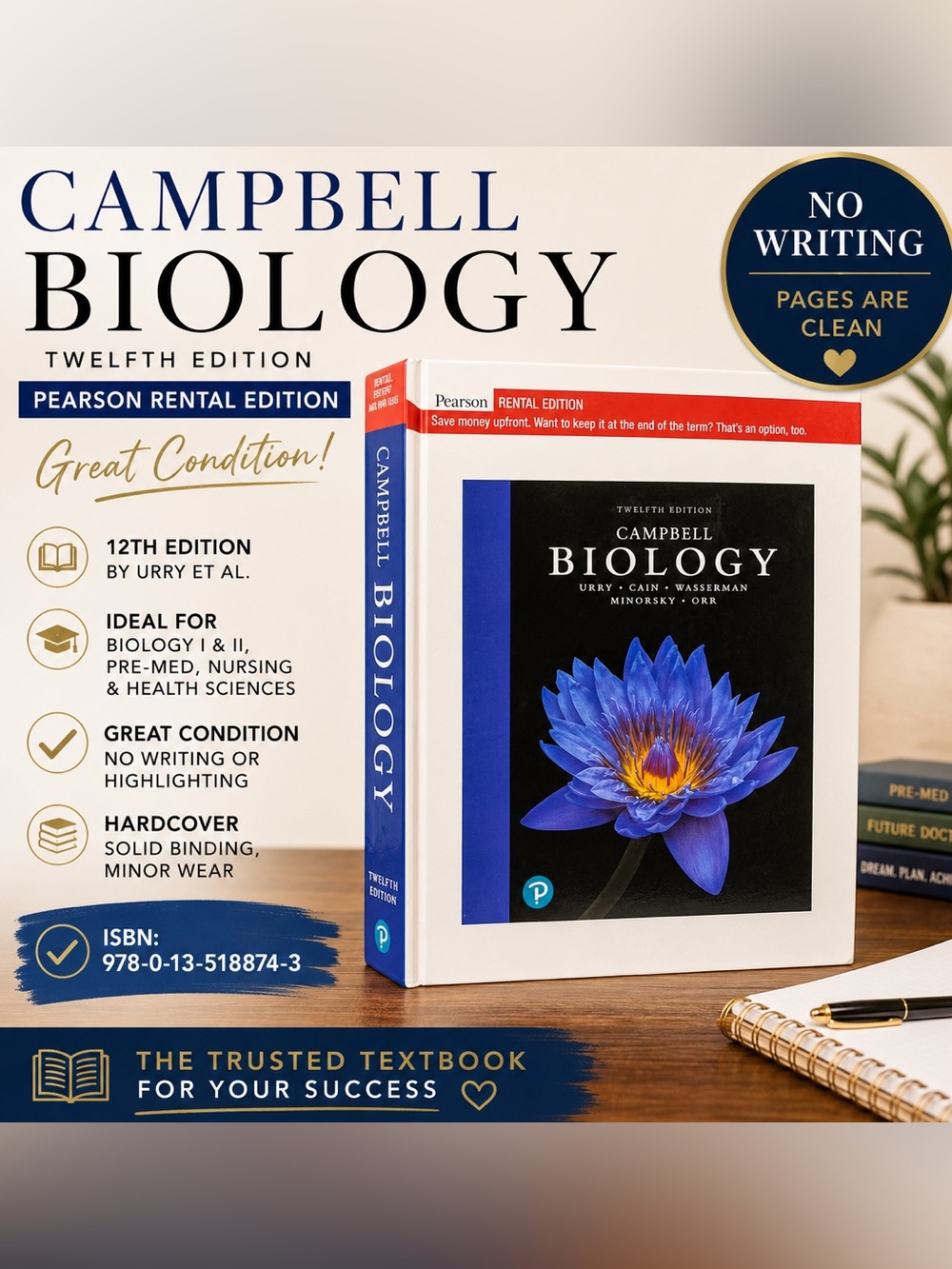Campbell Biology 12th Edition Pearson Hardcover Textbook, Used, Great Condition